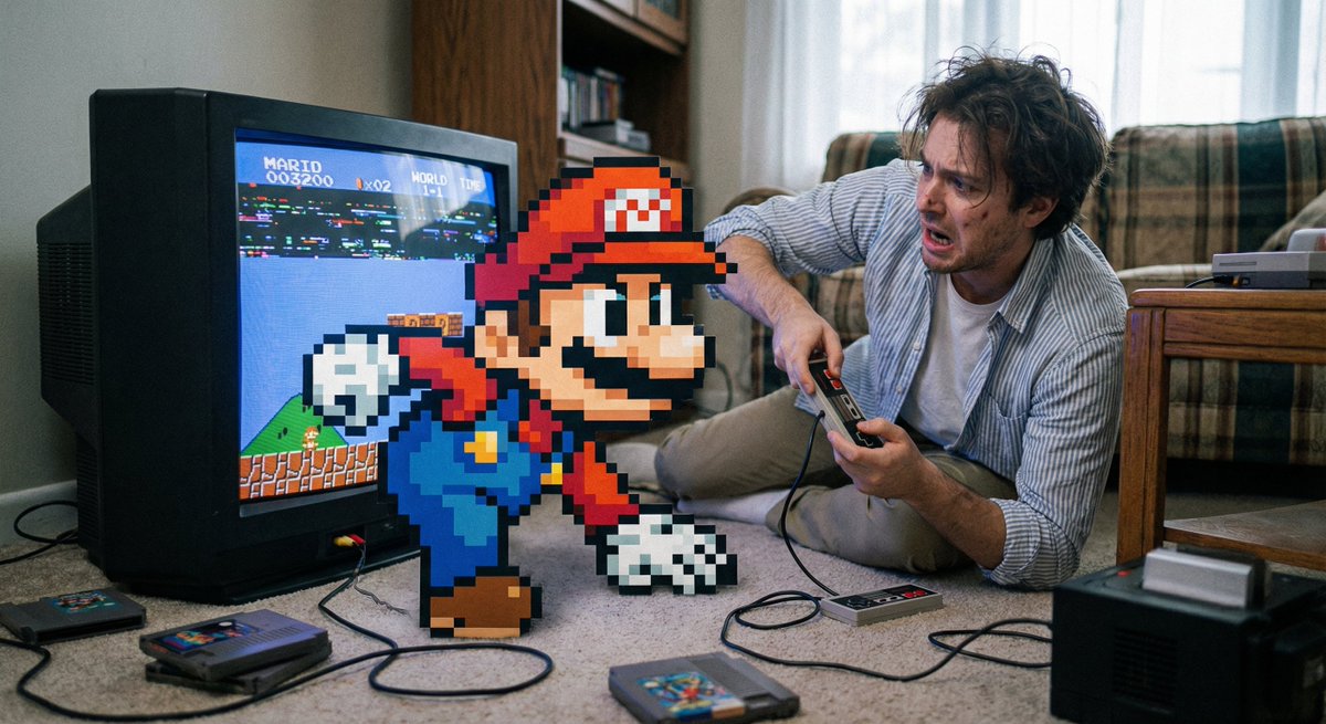 Pixel game character climbing out of TV — example 1
