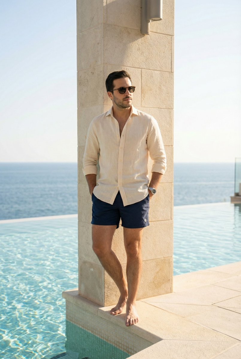 Editorial poolside fashion photoshoot of a man — example 2