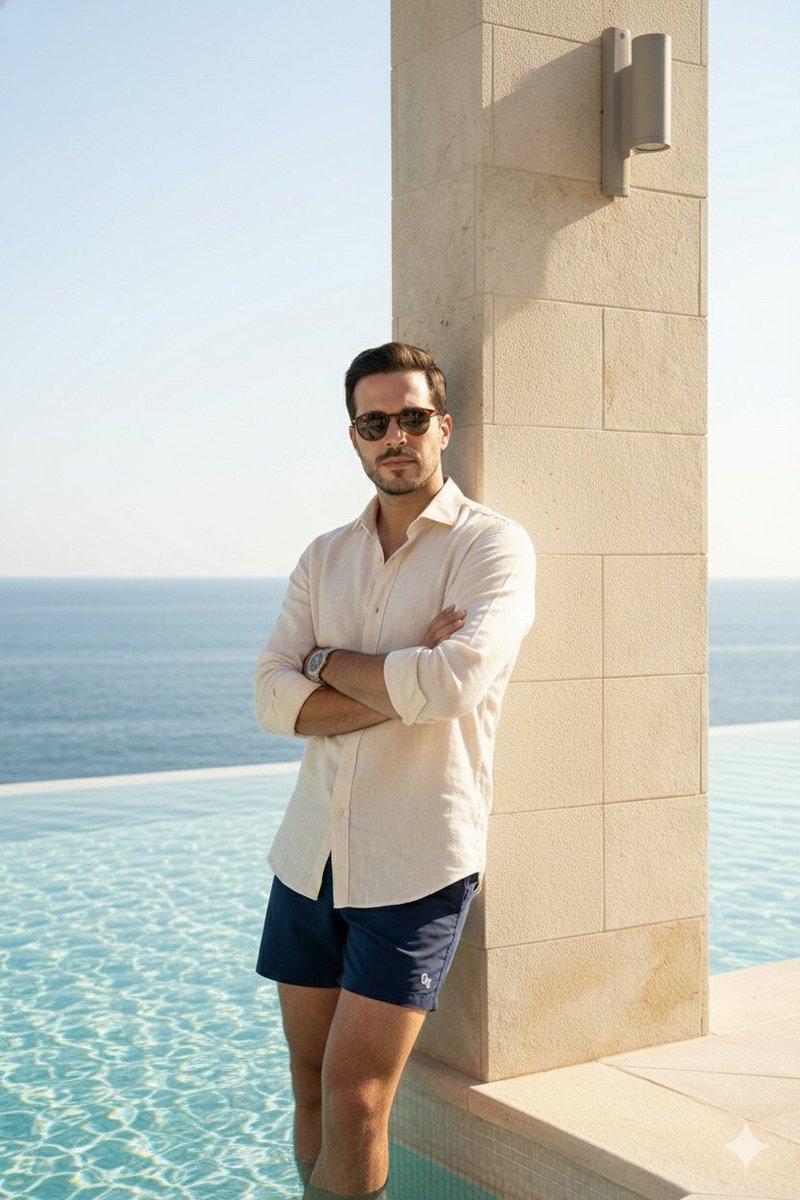 Editorial poolside fashion photoshoot of a man — example 3