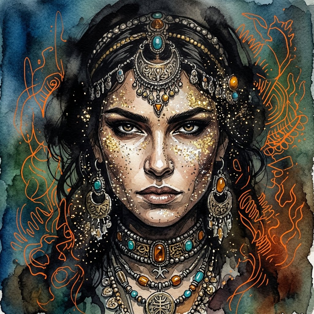 Ink wash and watercolor woman portrait — example 1