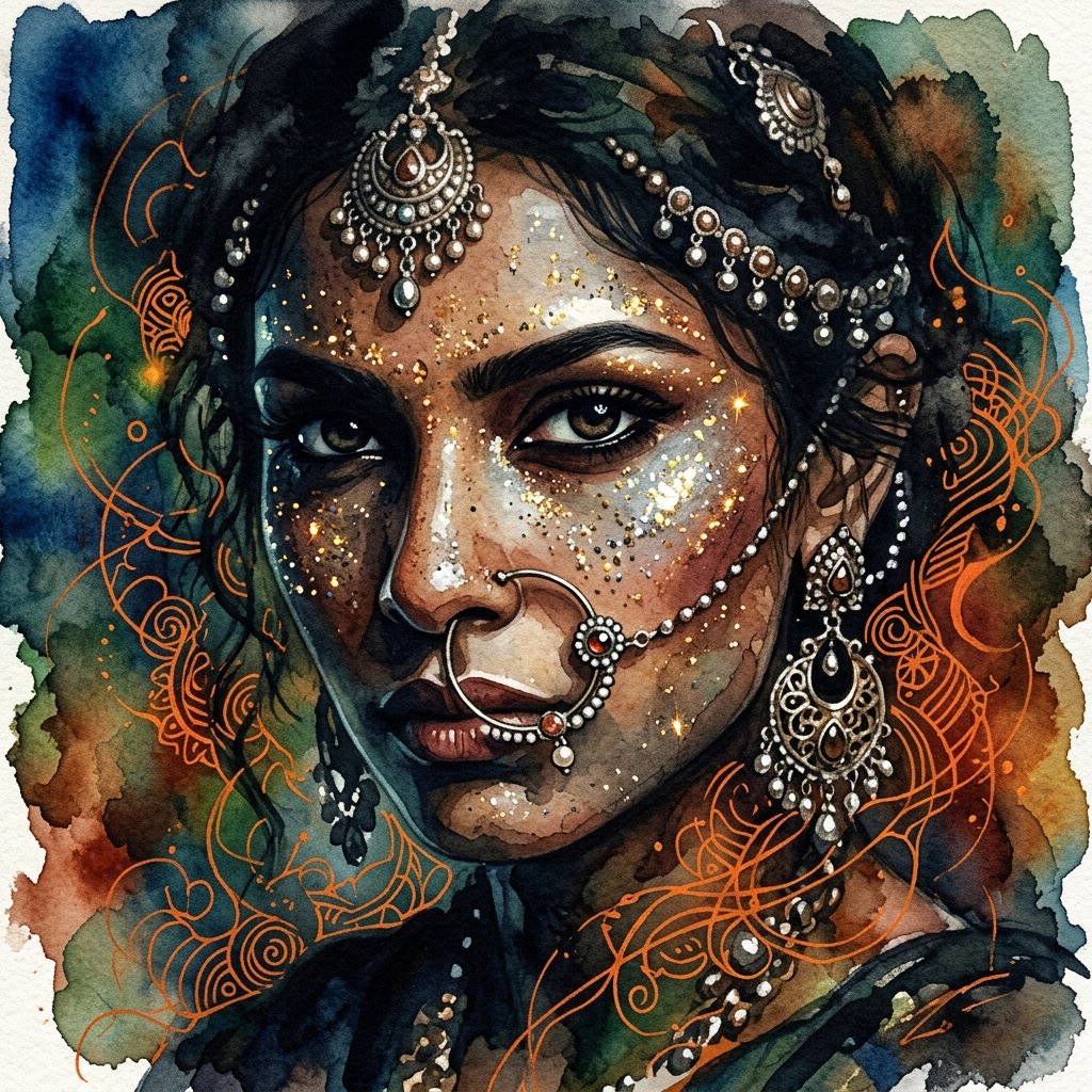 Ink wash and watercolor woman portrait — example 2