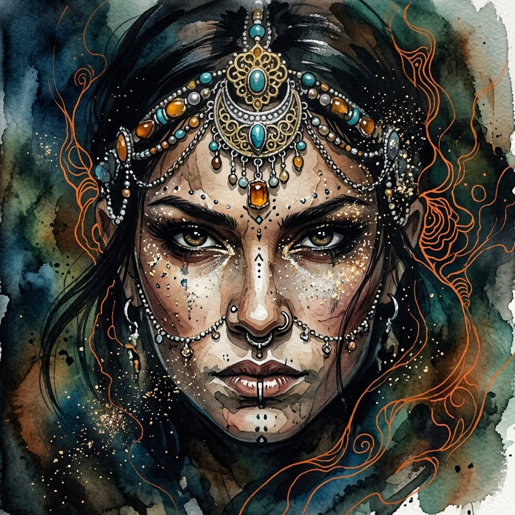 Ink wash and watercolor woman portrait — example 3