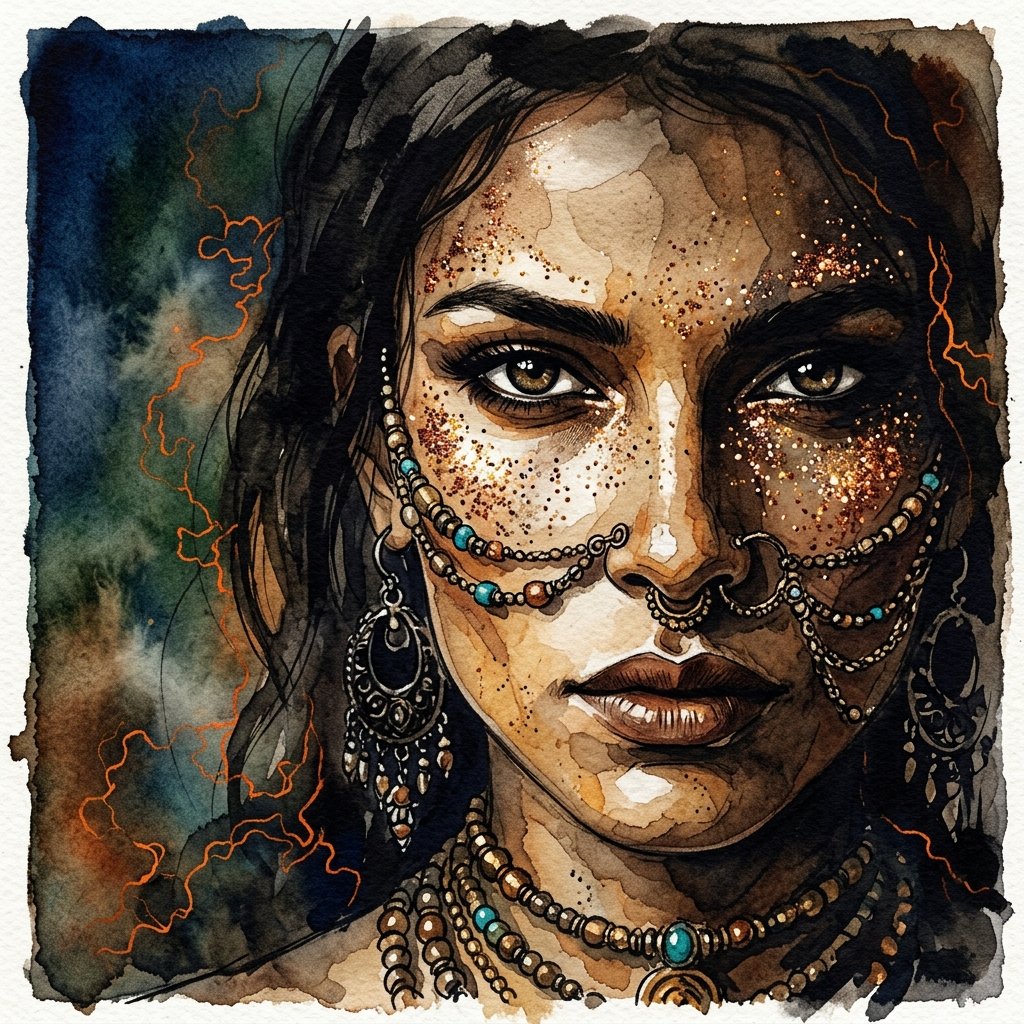 Ink wash and watercolor woman portrait — example 4