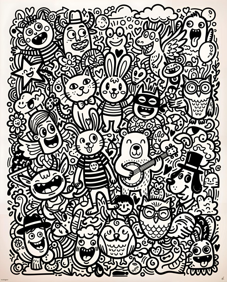 Black and White Whimsical Doodle Art