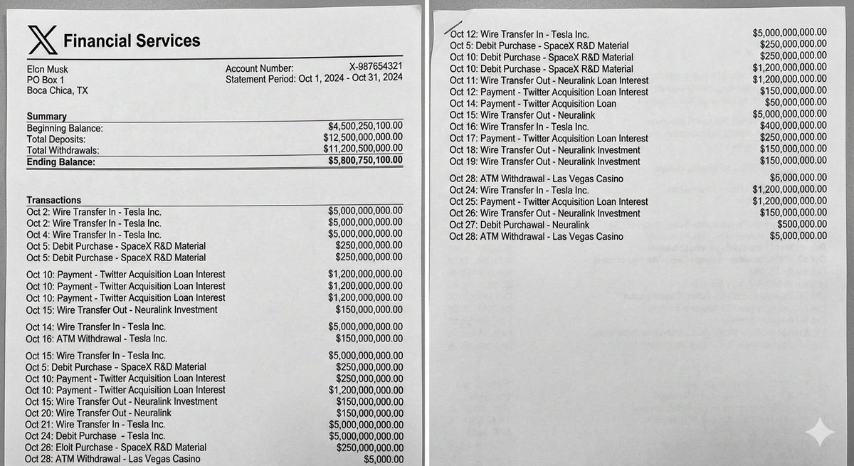 Elon Musk bank statement mockup — example 1