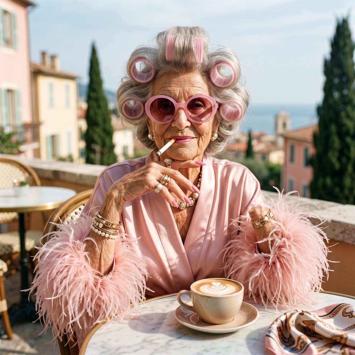 Eccentric Elderly Woman Cafe Portrait — example 1