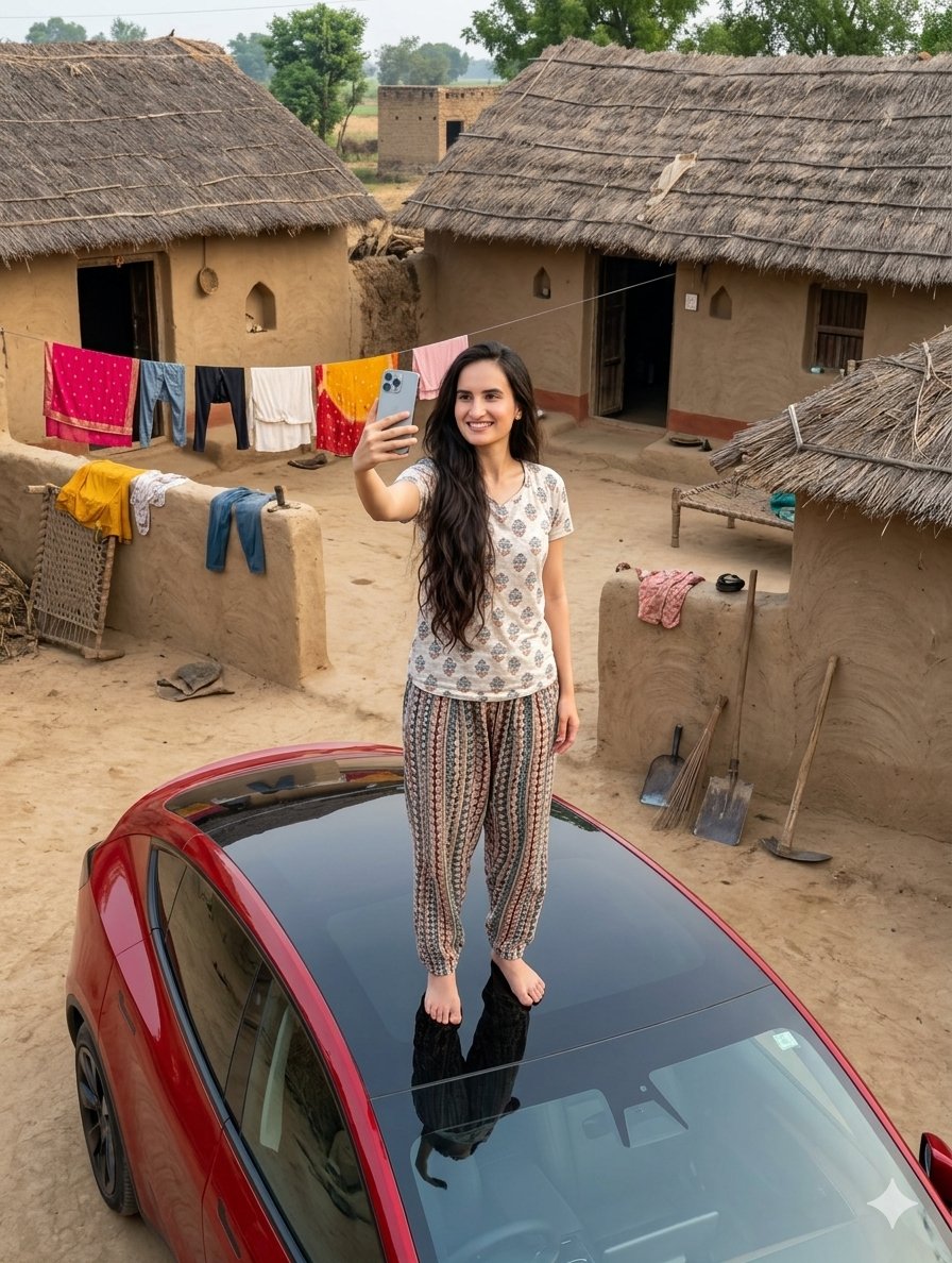 High-Tech Car in Rustic Village
