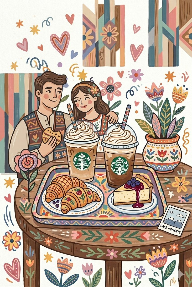 Folk Art Cafe Date Illustration — example 1