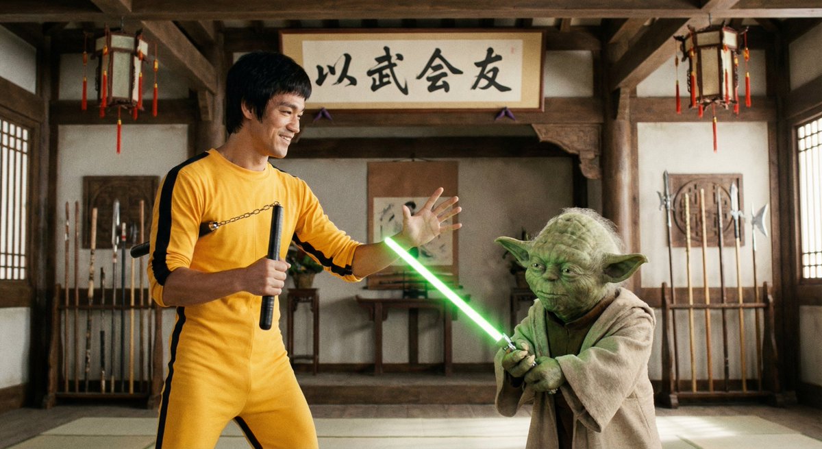 Bruce Lee sparring with Yoda in a dojo — example 1