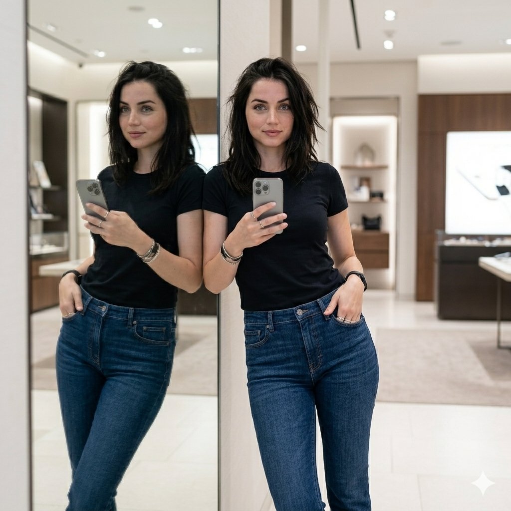 Showroom Mirror Selfie Fashion Portrait — example 1
