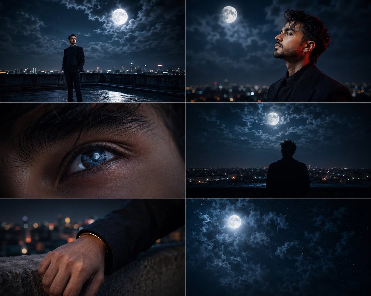 Cinematic Moonlight Rooftop Portrait Collage — example 2