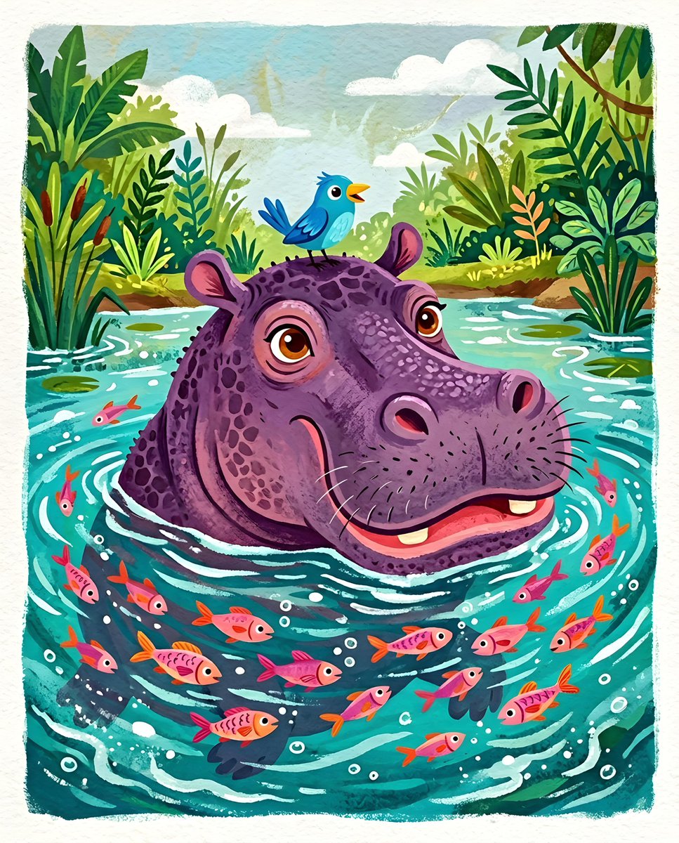 Whimsical Purple Hippo Illustration — example 1