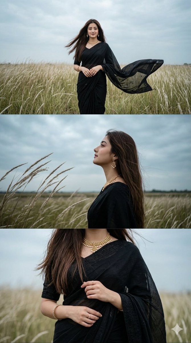 Black Saree Triptych Woman Portrait — example 1