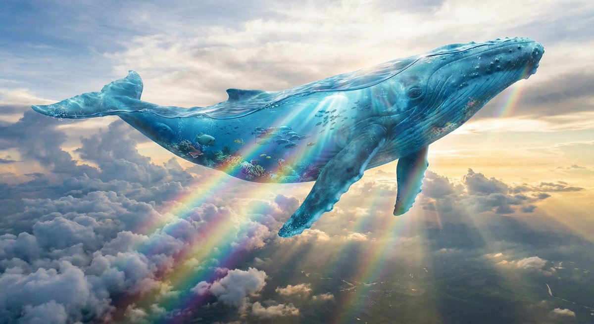 Surreal translucent blue whale in the clouds — example 1