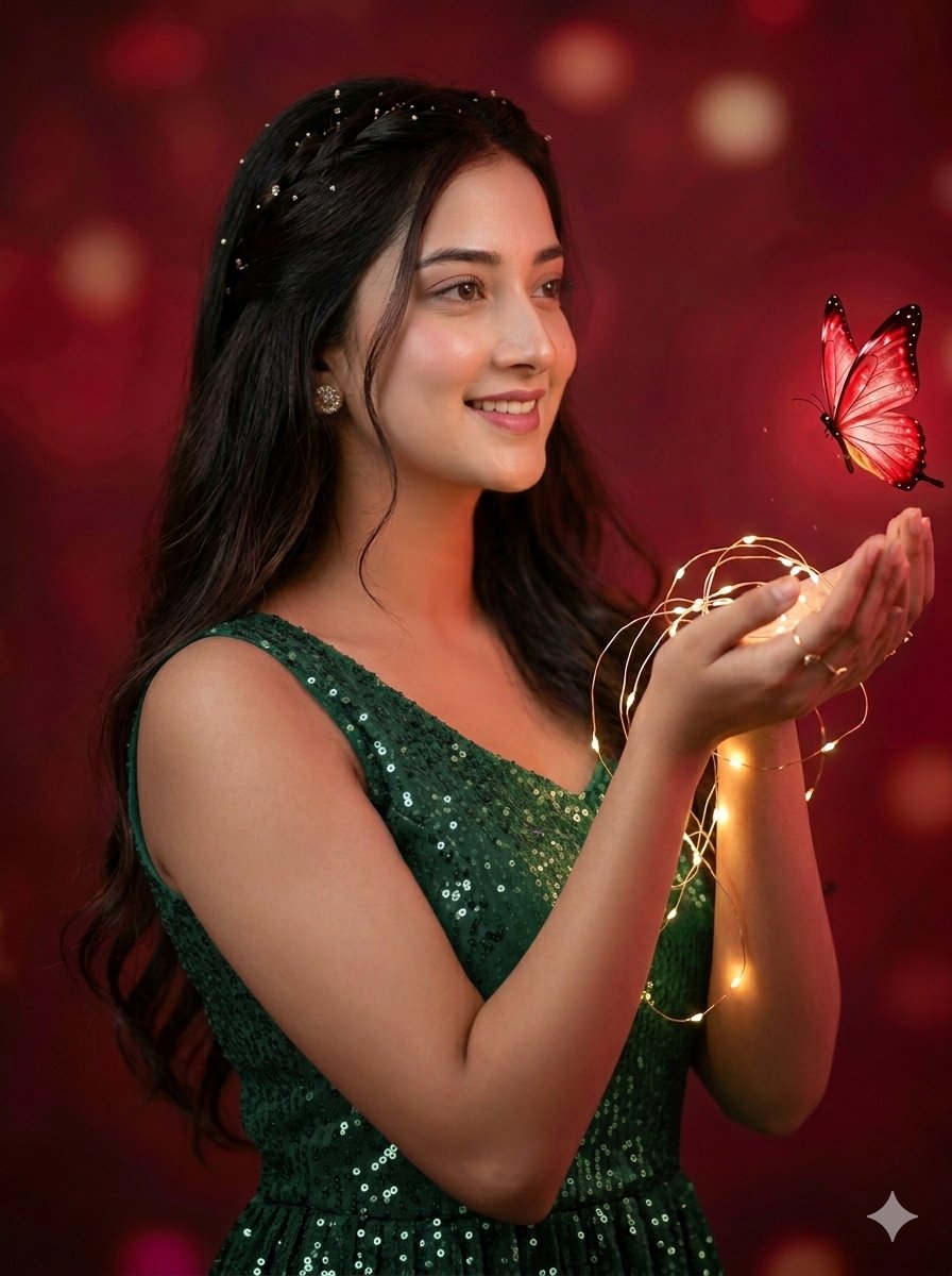 Dreamy nocturnal portrait with fairy lights — example 1