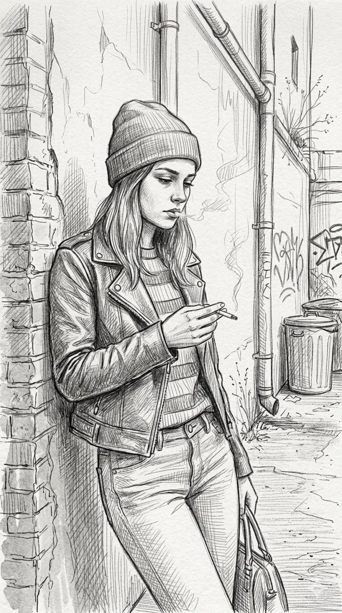 Gritty urban pencil sketch portrait — example 1