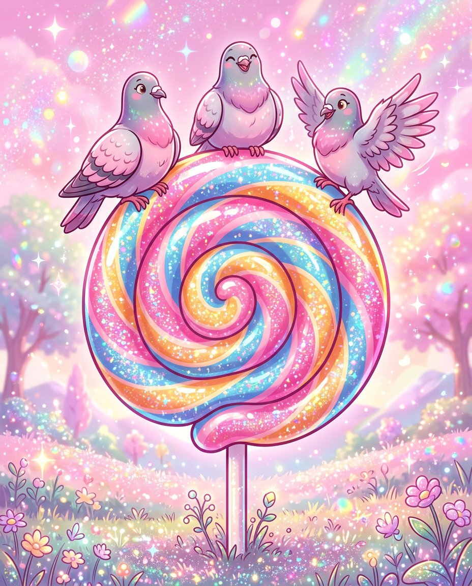 Whimsical Lollipop and Pigeons Illustration — example 1