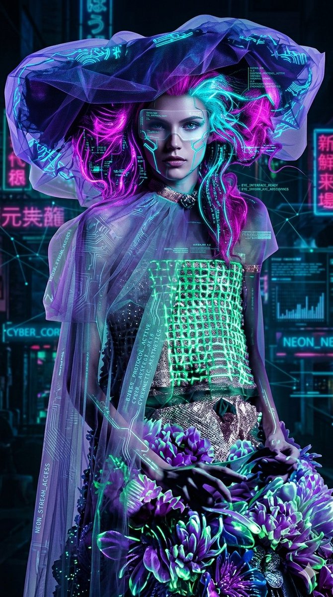 Cyberpunk Neon Floral Portrait — example 1