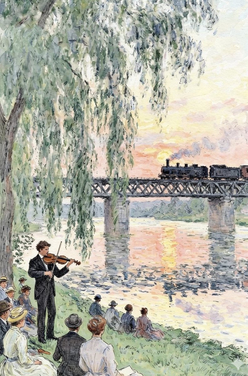 Watercolor Riverside Violinist at Sunset — example 1