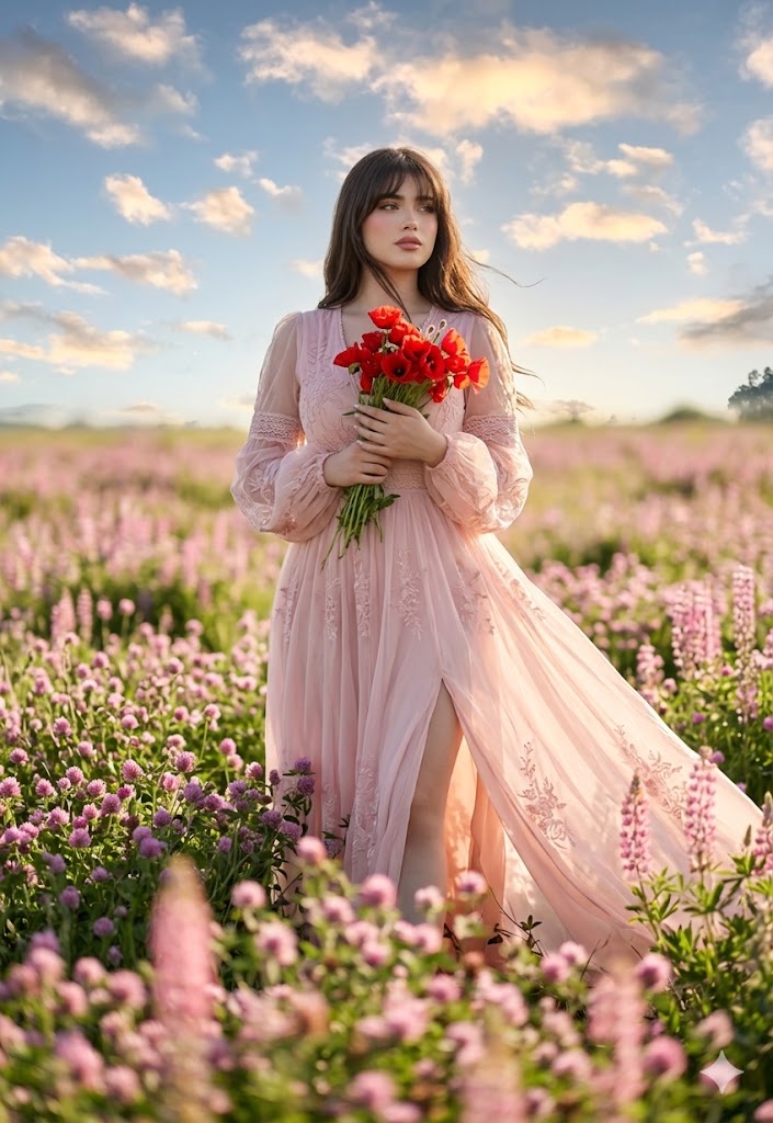 Pink Chiffon Gown Wildflower Field — example 1