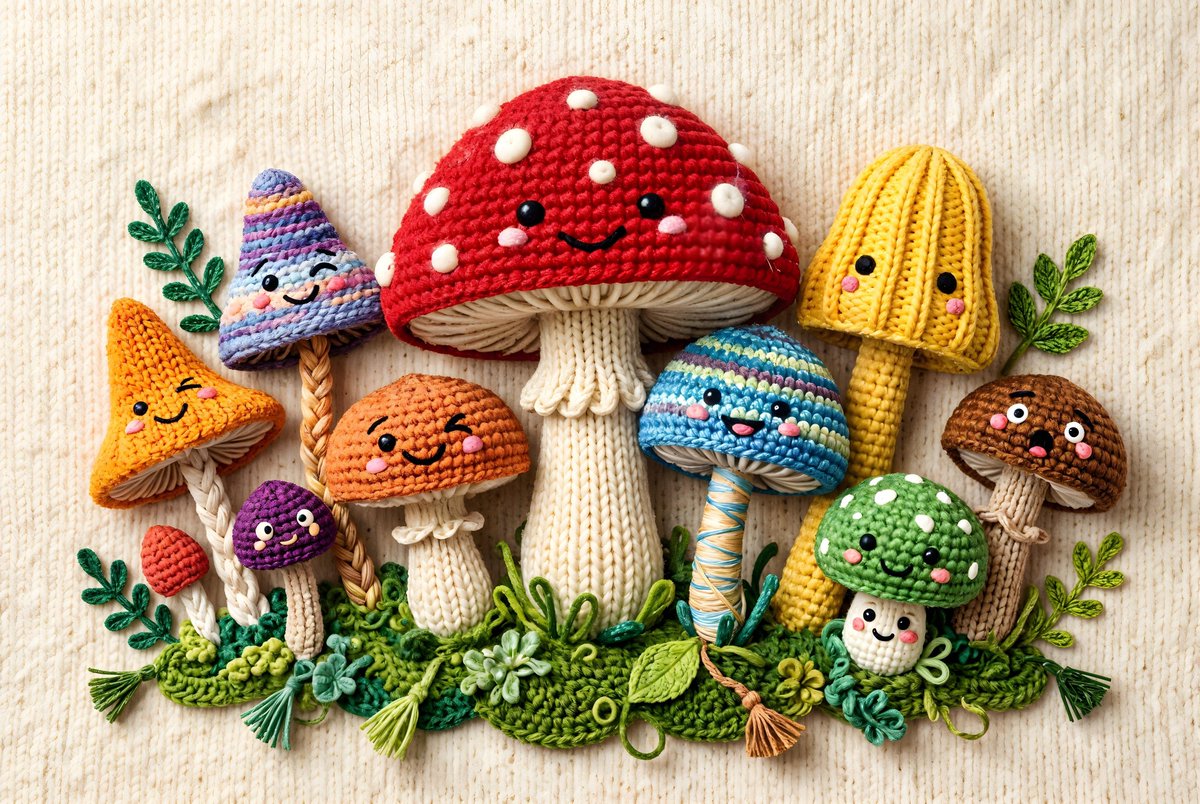 Whimsical Yarn Style Mushrooms — example 1