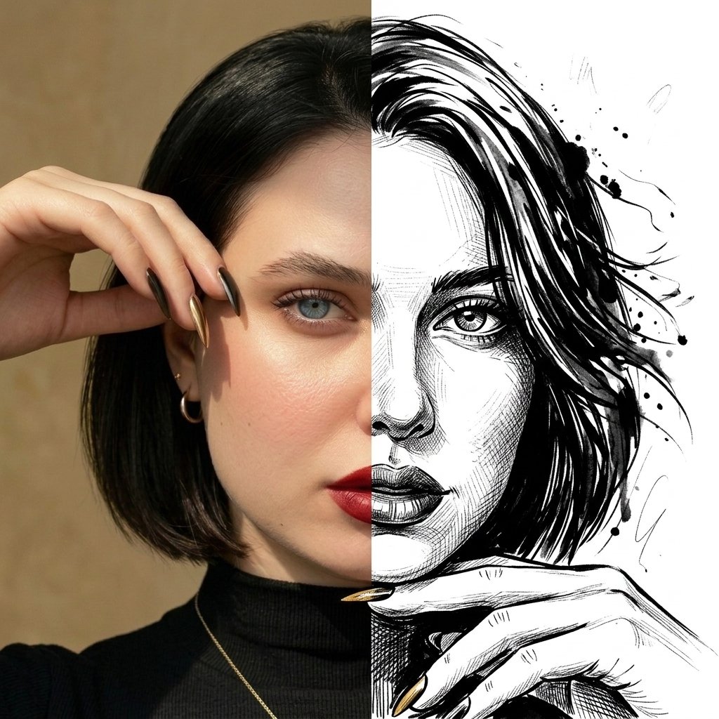 Split Face Photo and Ink Illustration — example 1