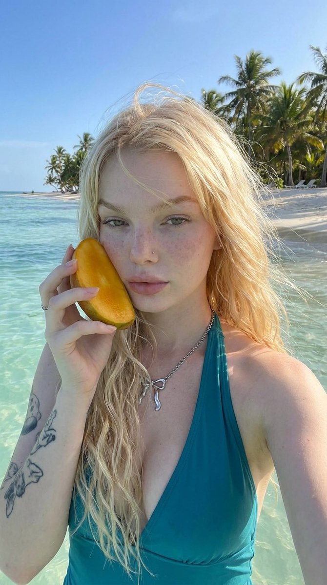 Tropical Beach Mango Selfie — example 1