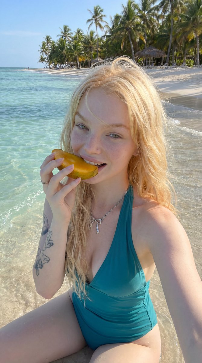 Tropical Beach Mango Selfie — example 2