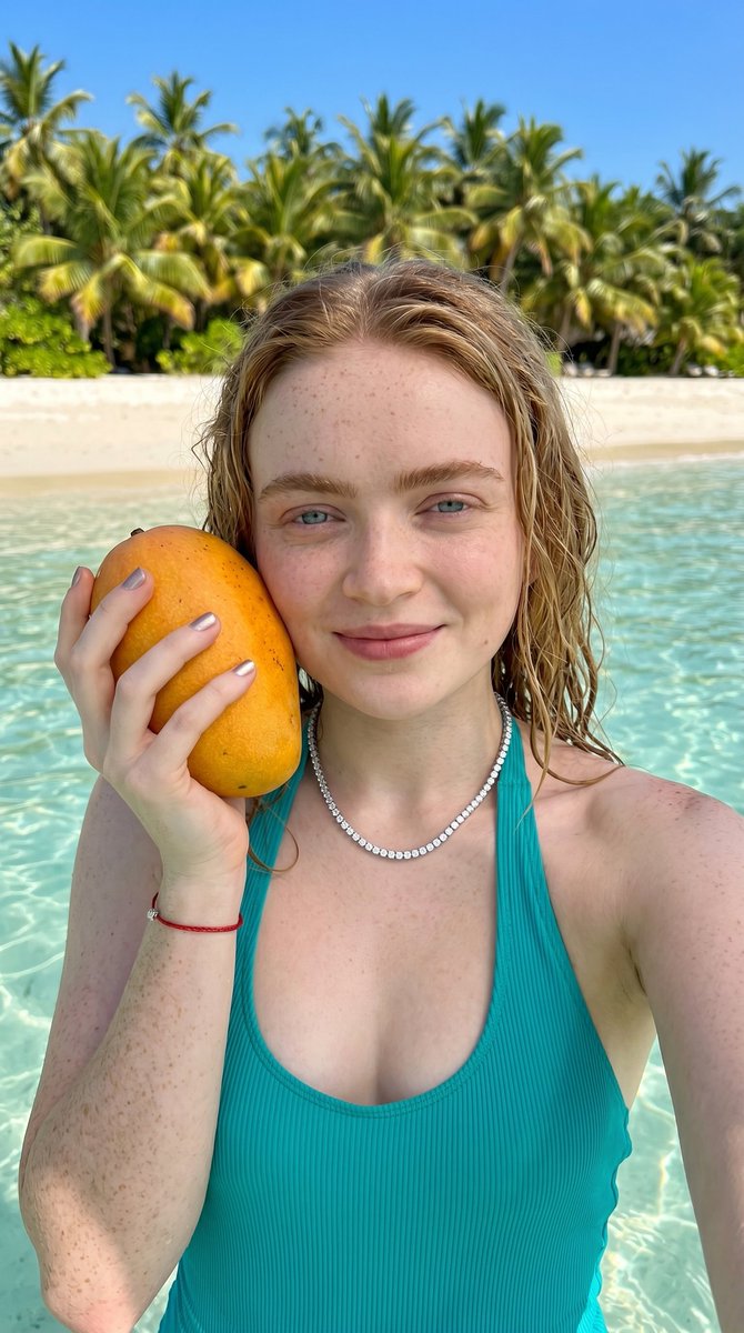Tropical Beach Mango Selfie Portrait — example 1