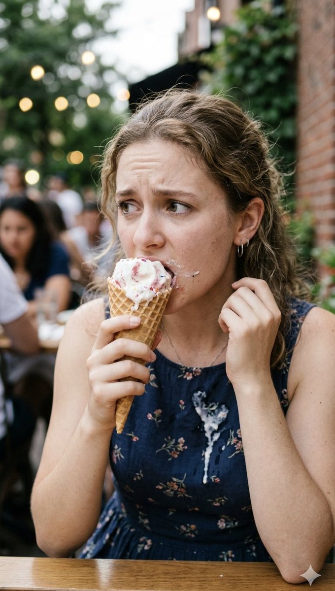 Stressed Woman with Drip Ice Cream — example 1