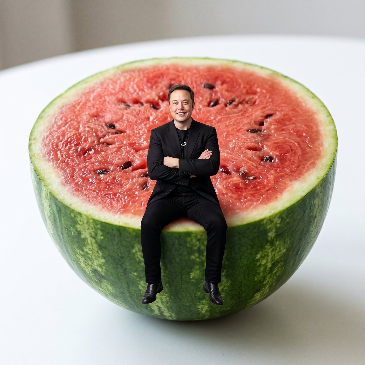 Miniature Person Sitting on Watermelon — example 1
