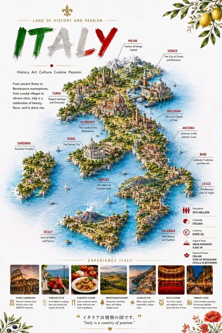 Detailed 3D Travel Infographic Map of Italy — example 1