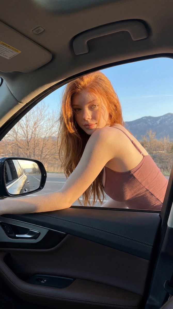 Red-Haired Woman Car Portrait — example 1