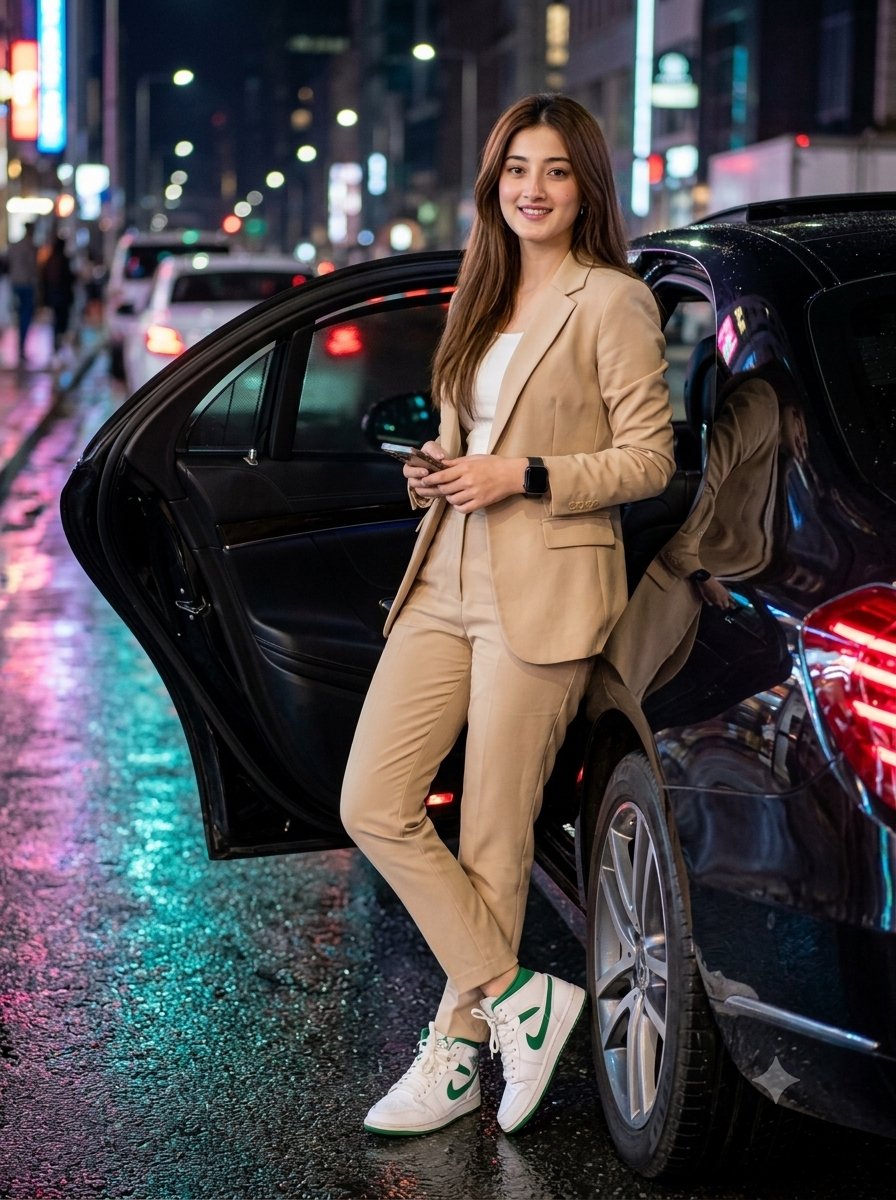 Elegant Woman with Luxury Sedan at Night — example 1