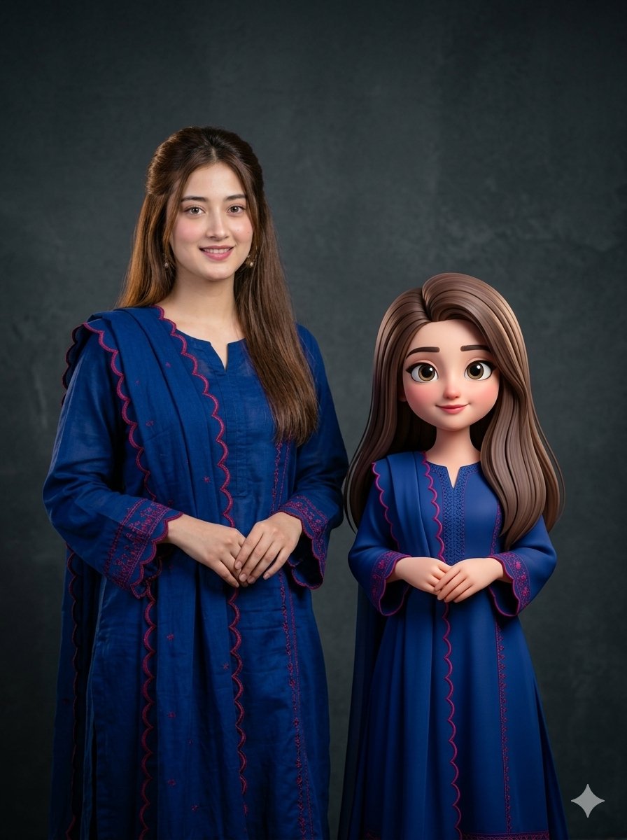 Woman with 3D Cartoon Miniature — example 1