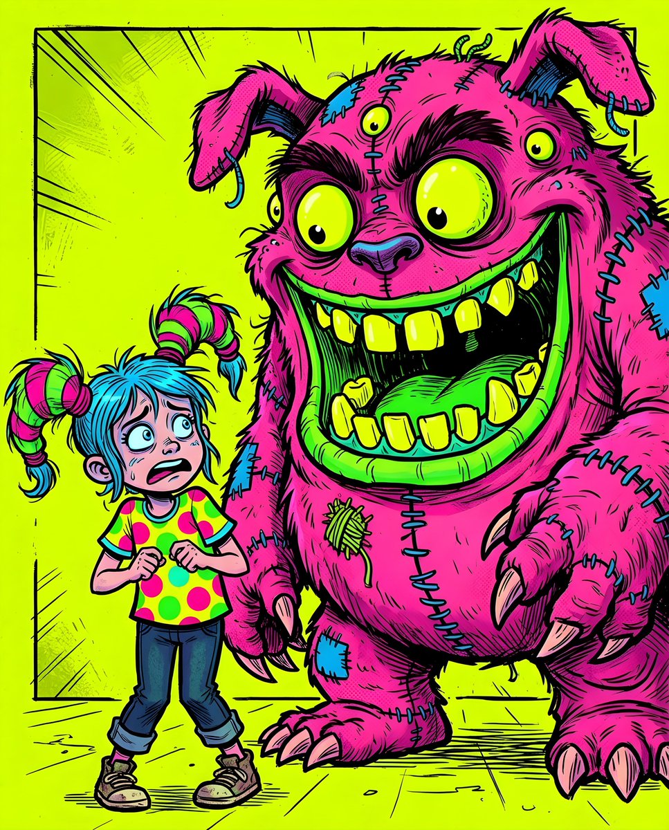Fluorescent Comic Book Monster Encounter — example 1