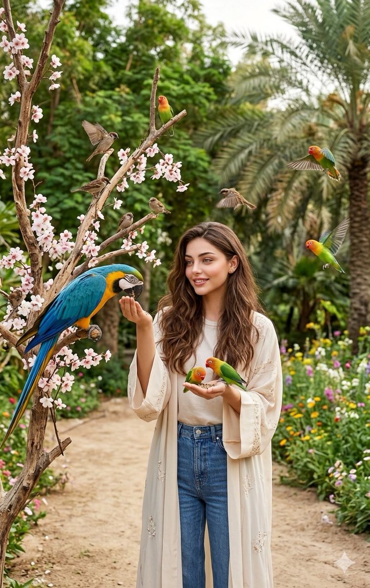 Indian Woman with Macaw in Forest — example 1