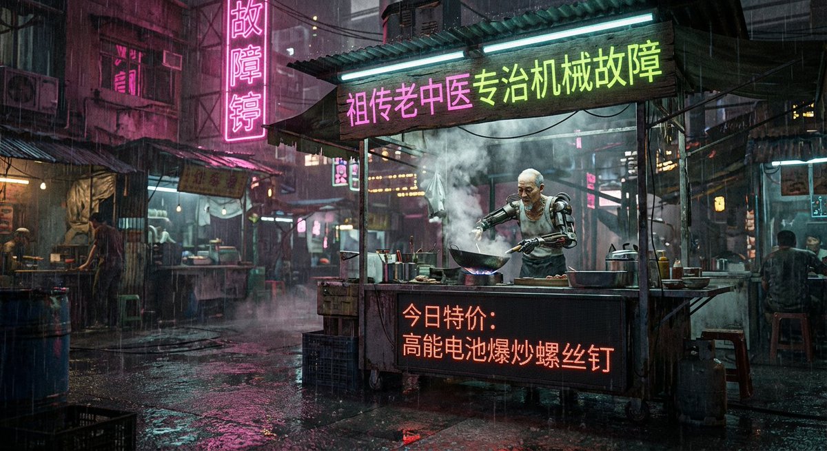 Cyberpunk 80s Chinese street stall scene — example 1