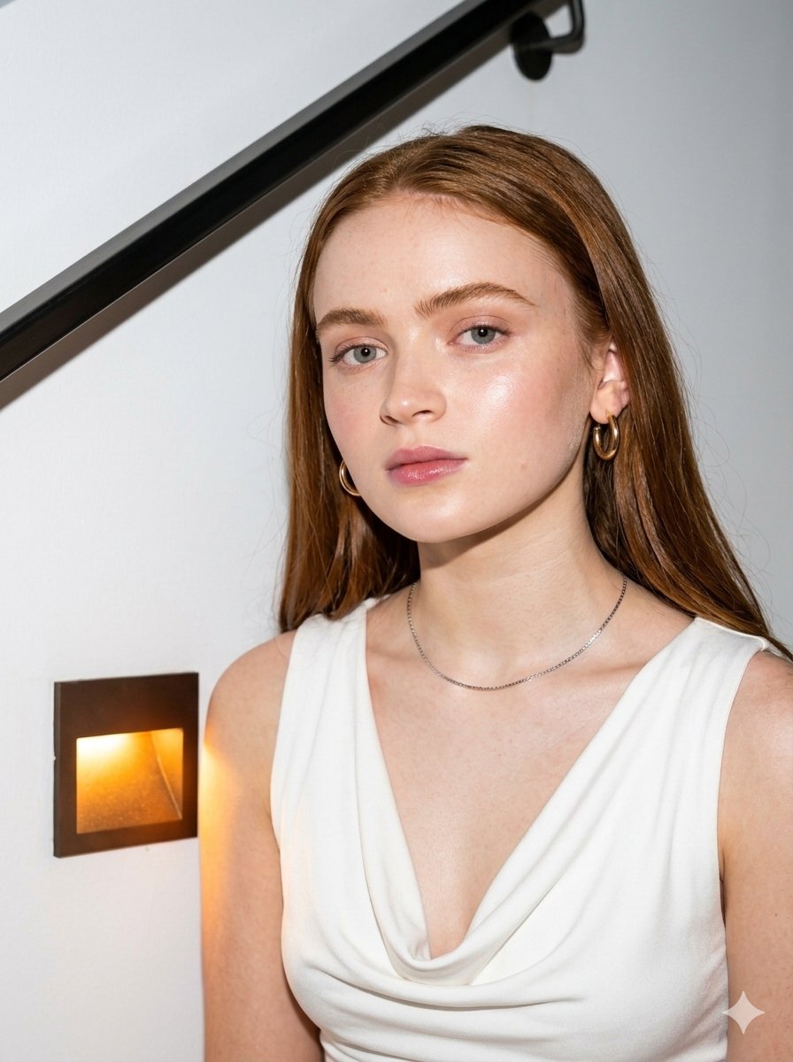 Elegant Nighttime Staircase Fashion Portrait — example 3