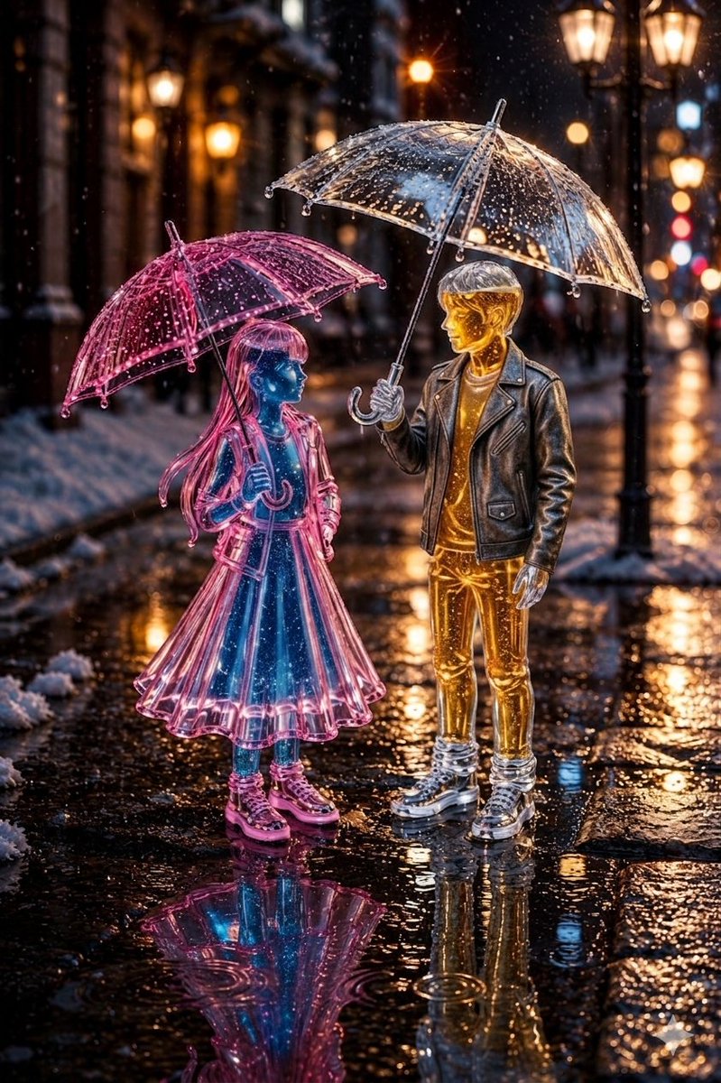 Whimsical Glass Couple in Winter Snowfall — example 1