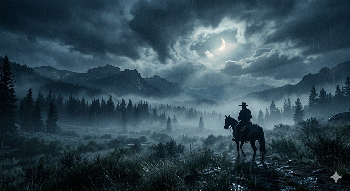 Lone Cowboy Moonlit Misty Night — example 1