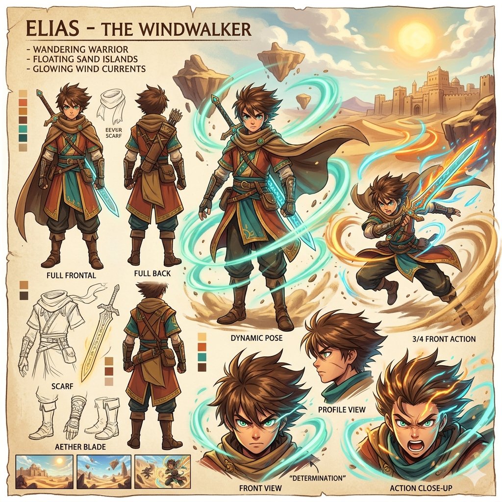 Anime Warrior Character Design Sheet — example 1