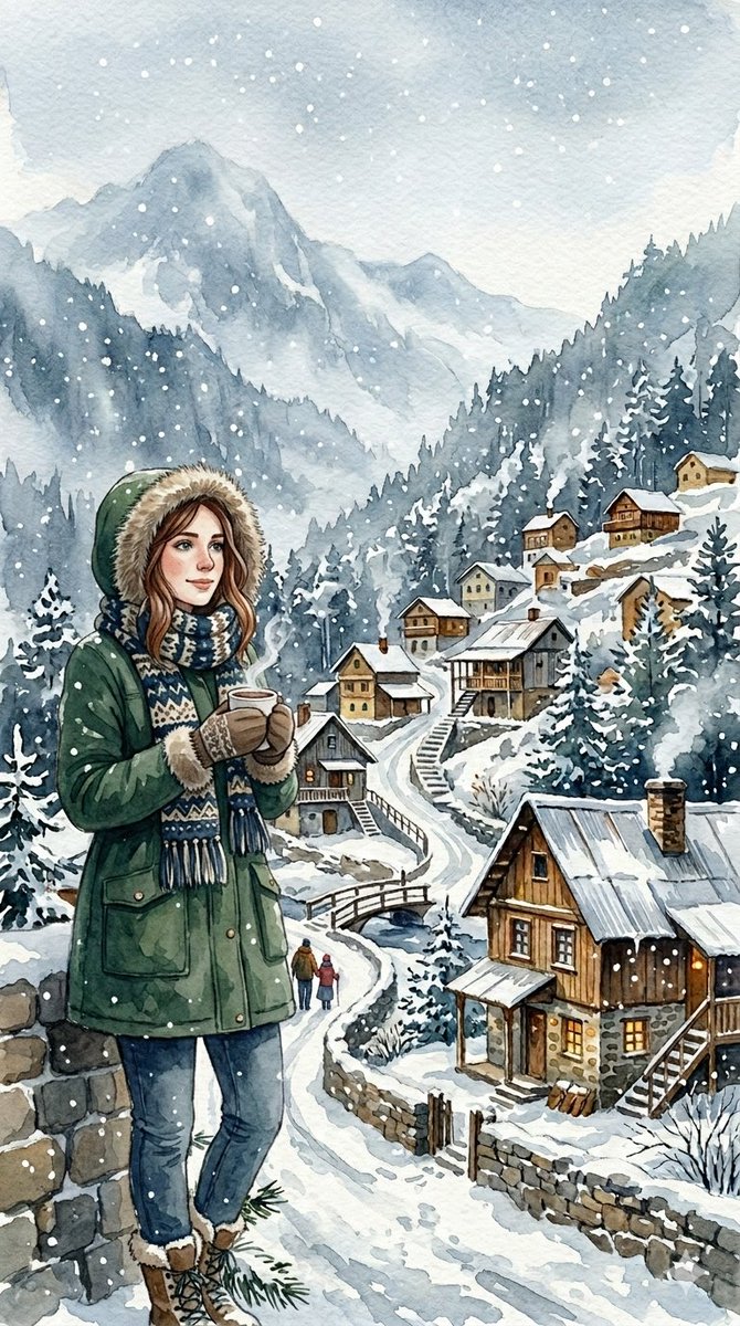 Cozy Winter Hill Station Watercolor