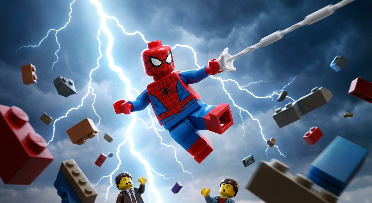 Epic LEGO Spider-Man movie poster scene — example 1