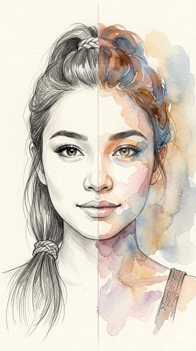 Split-Medium Sketch and Watercolor Portrait — example 1