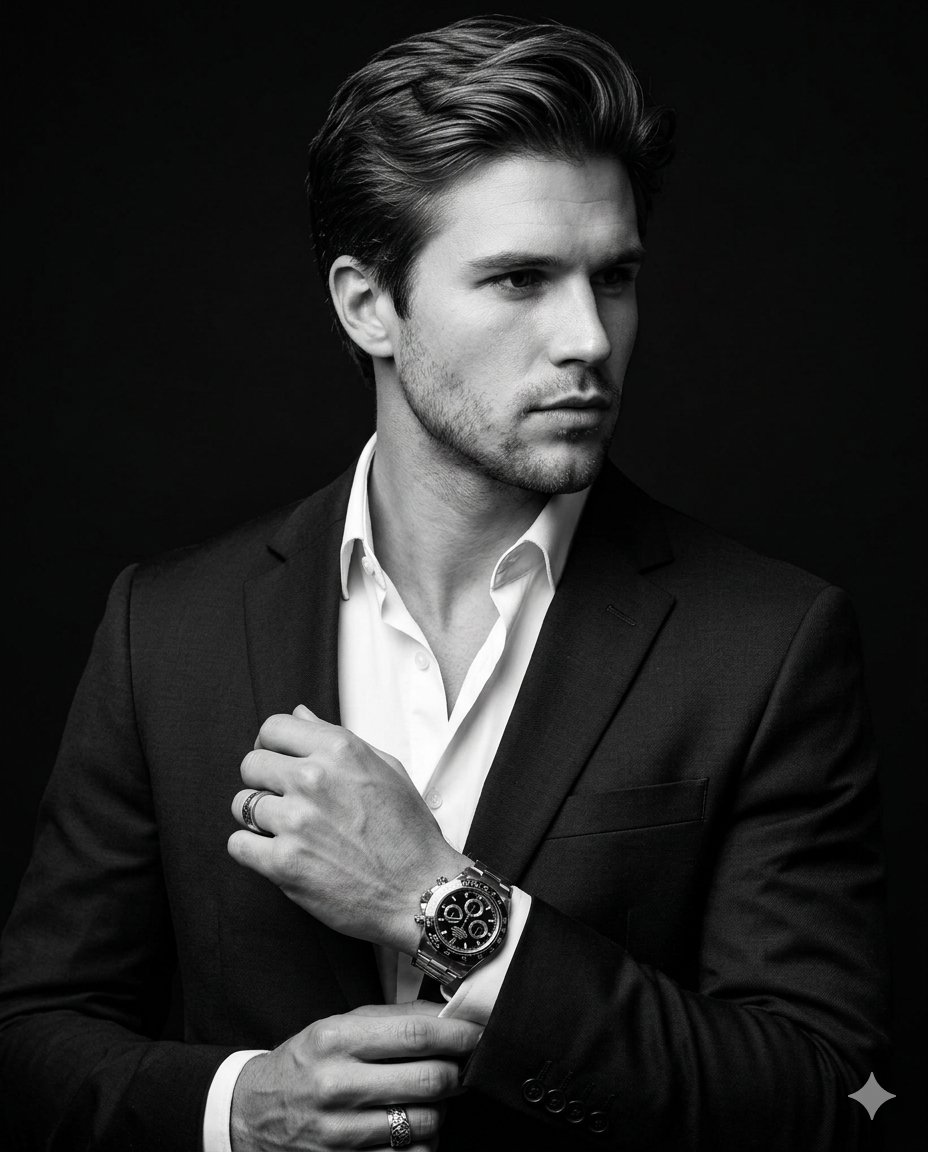 Cinematic Black and White Luxury Suit Portrait — example 2