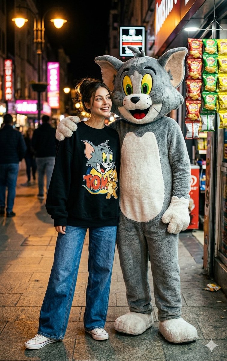 Woman and Cat Mascot Street Encounter — example 1