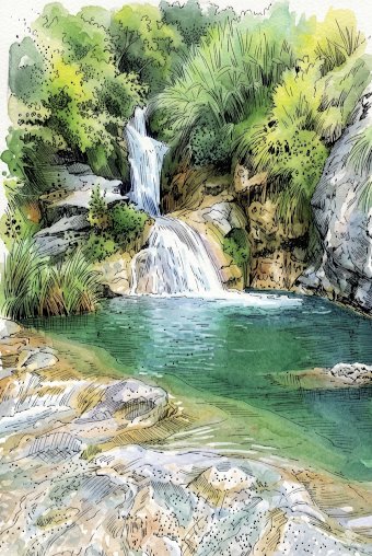 Tropical Oasis Waterfall Watercolor Illustration — example 1