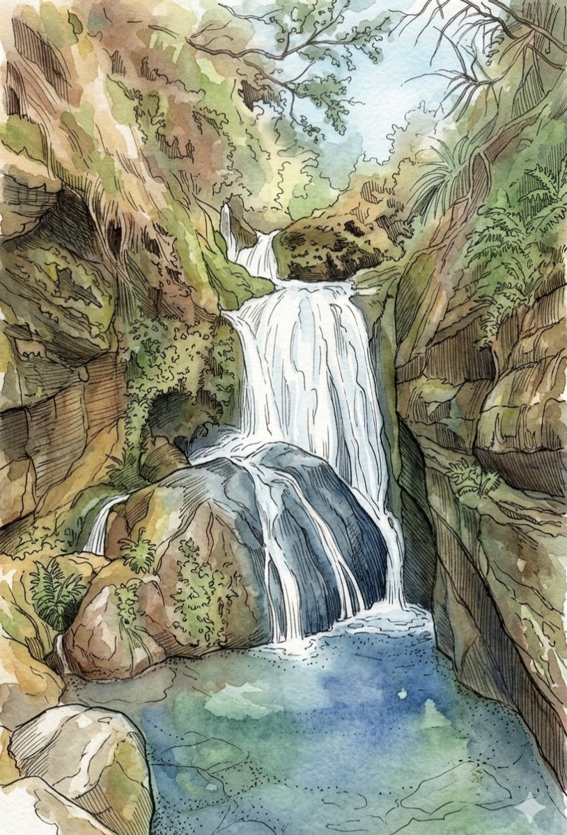 Tropical Oasis Waterfall Watercolor Illustration — example 2