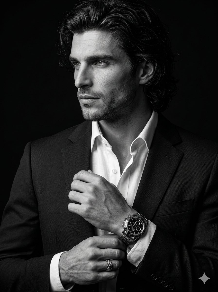 Cinematic Black-and-White Suit Portrait — example 1